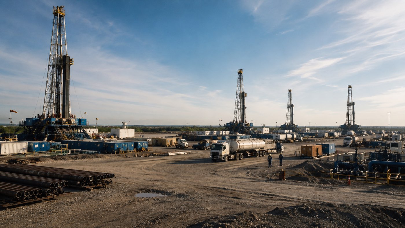 A multi-rig drilling pad, several derricks working across one wide field site
