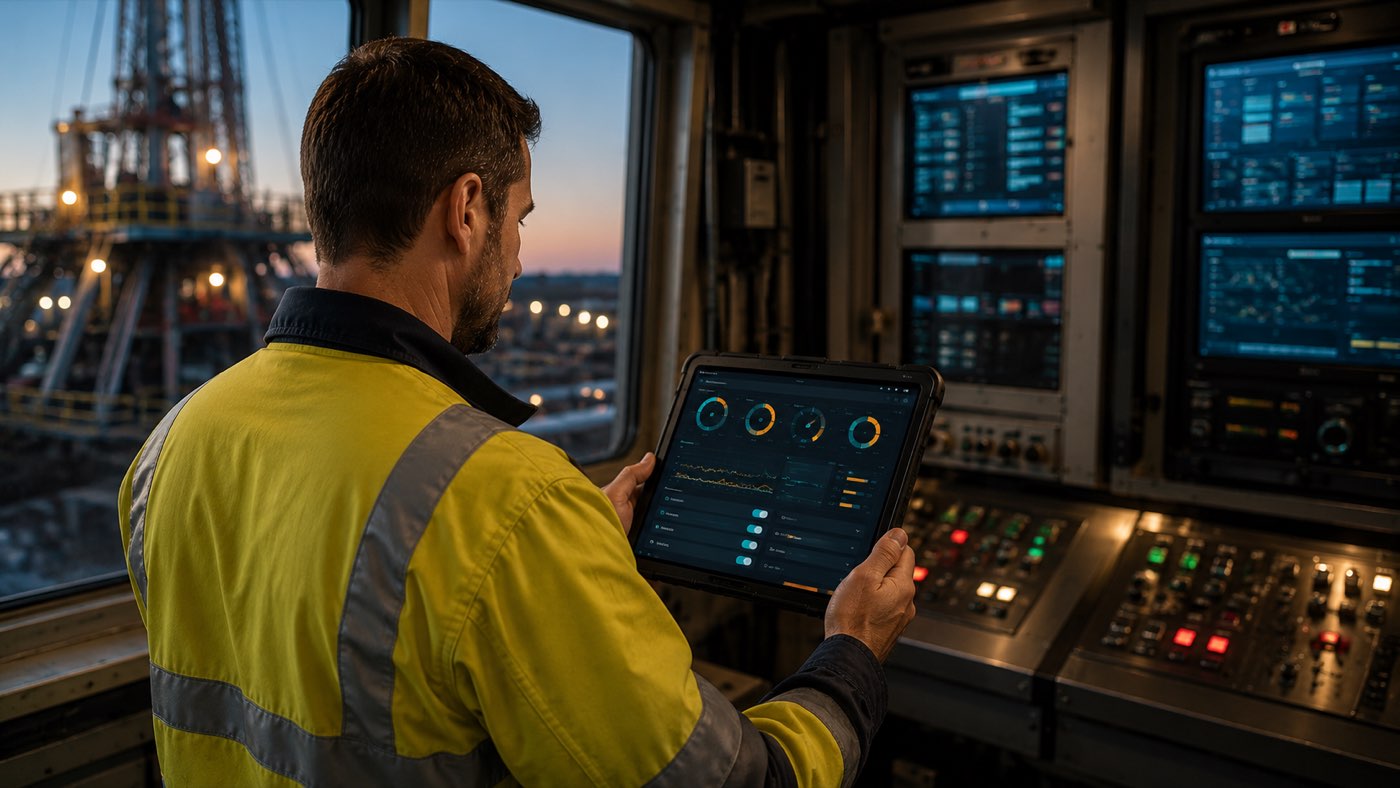 A field engineer reconfiguring a connection from a tablet on the rig floor