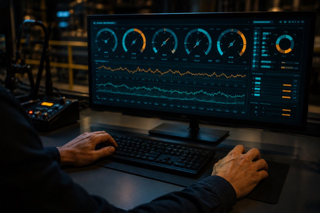 An operator's hands at the console in front of a live rig data dashboard