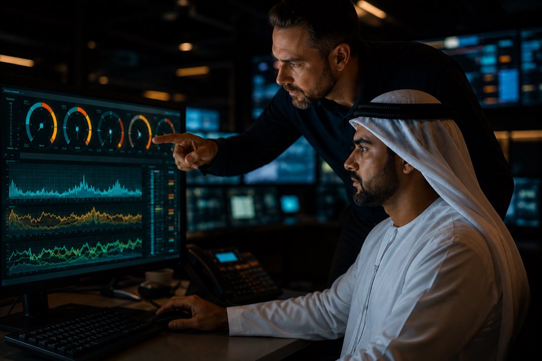 Two operators reviewing live drilling data on a control-room display